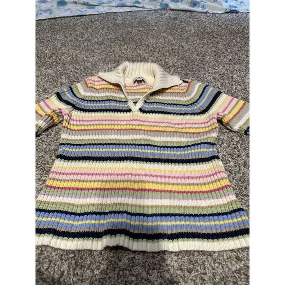 Tommy Hilfiger‎ Rainbow Sweater Women Large Petite White Striped Vintage - Picture 1 of 3
